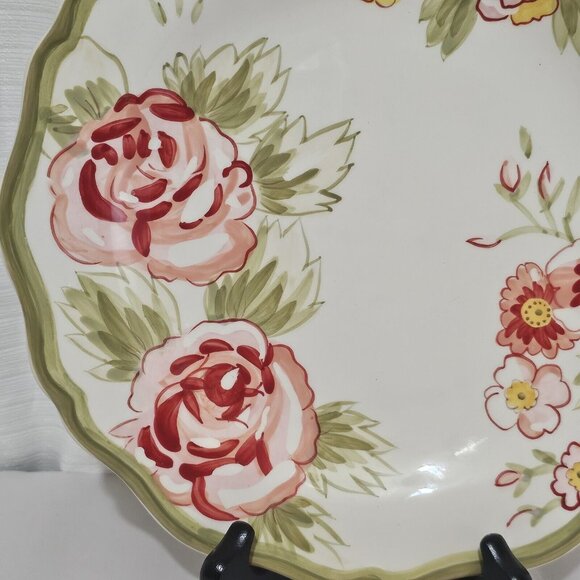 Pier 1 Audrey Dinner Plate 11in rose floral sage hand painted earthenware dinner - Picture 3 of 9